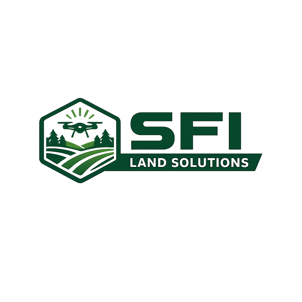 Logo for SFI Land Solutions with hexagon shape, forest green and white palette, geometric sans-serif typeface, symbolizing agricultural expertise and precision.
