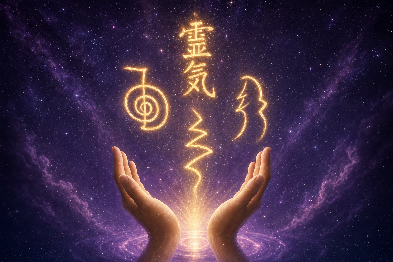 Símbolos de Reiki dibujados con luz dorada sobre cielo estrellado