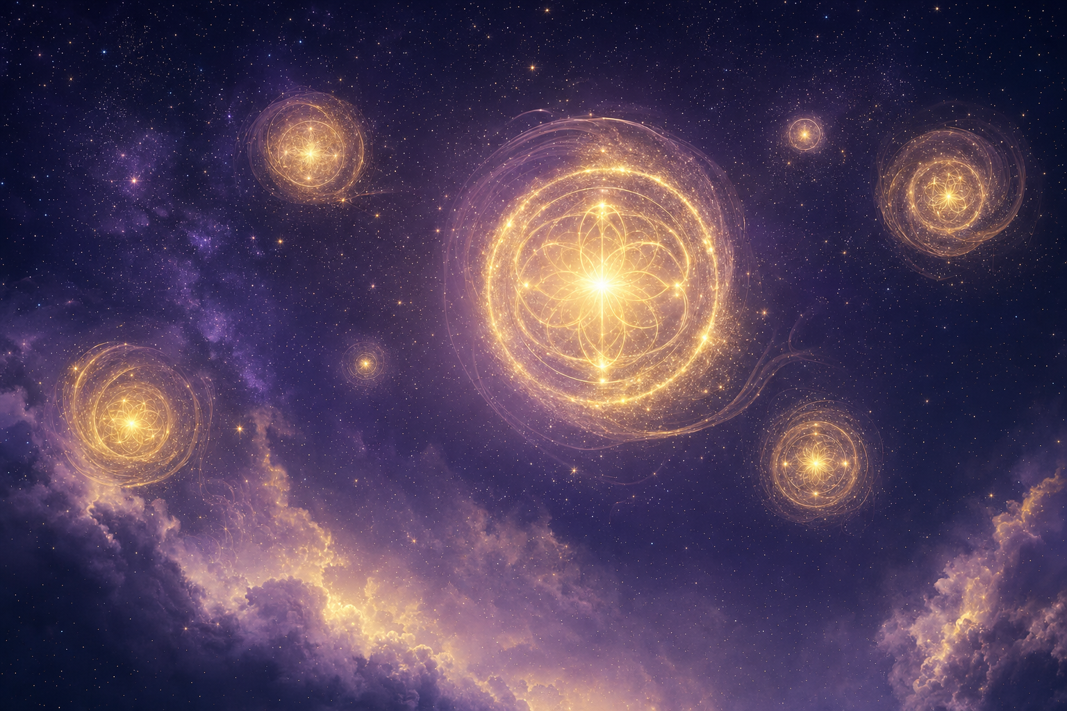 Esferas de luz dorada flotando en un cielo estrellado