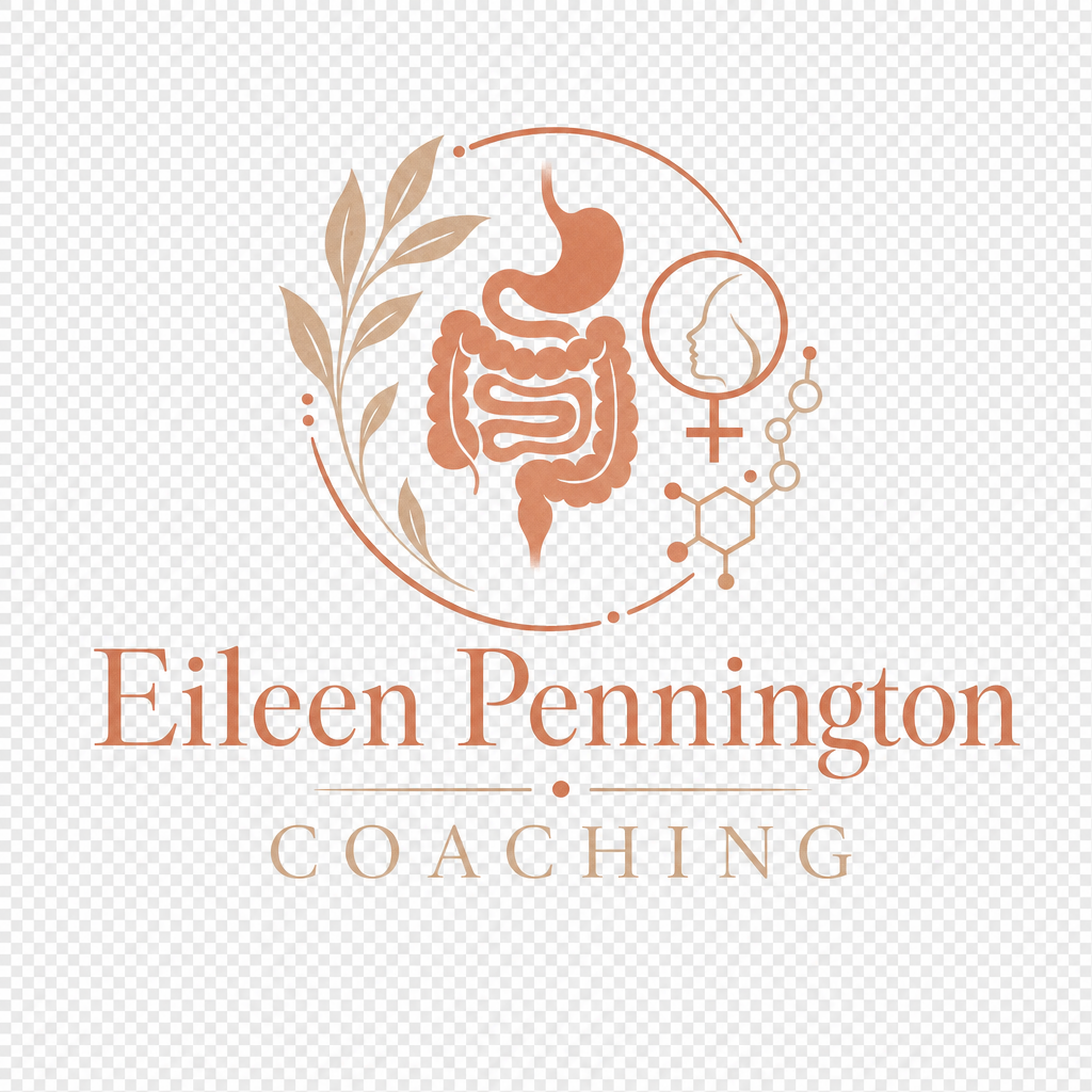 Personalized coaching helps bridge the gap between gut health and hormonal symptoms. Eileen Pennington Coaching logo featuring terracotta and beige colors representing gut health and hormonal balance.