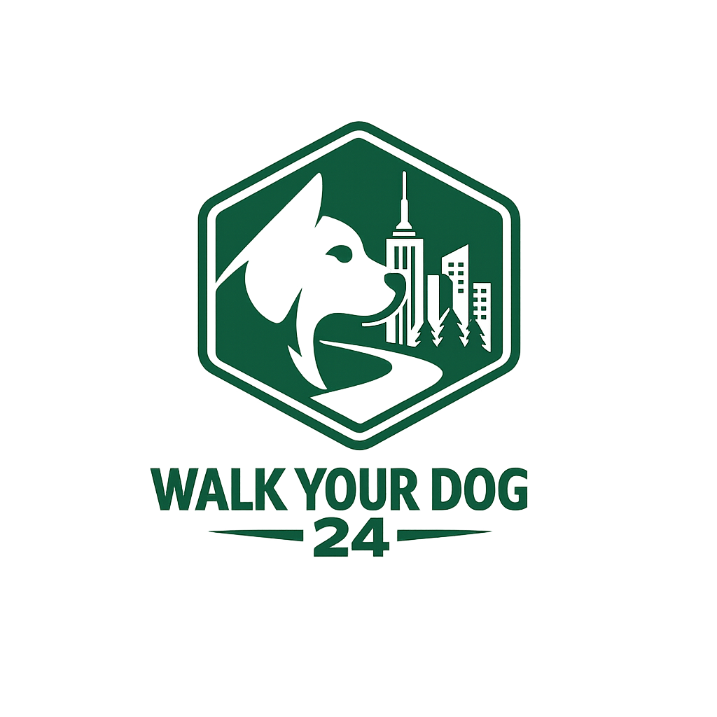 Logo for Walk Your Dog 24 with dog and cityscape elements in hexagon