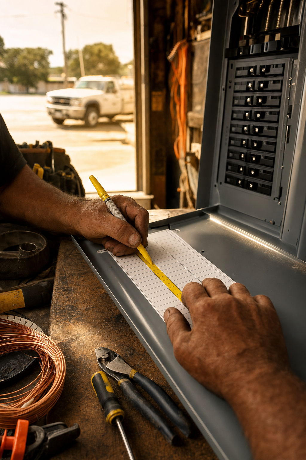 Whole home surge protection is a must have for protecting sensitive electronics during North Texas storm seasons. Close up of a modern electrical panel with surge protection installed to protect against Texas storms.