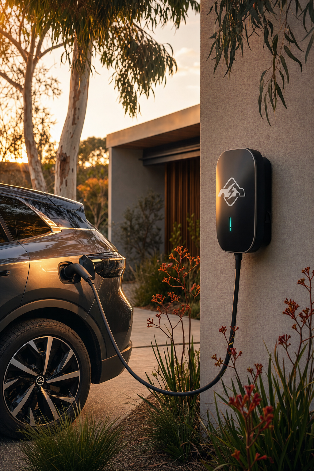 Professional installation ensures your home's electrical system and car battery work in harmony. A Buddy Charge EV charging station installed in a clean, modern Melbourne garage.