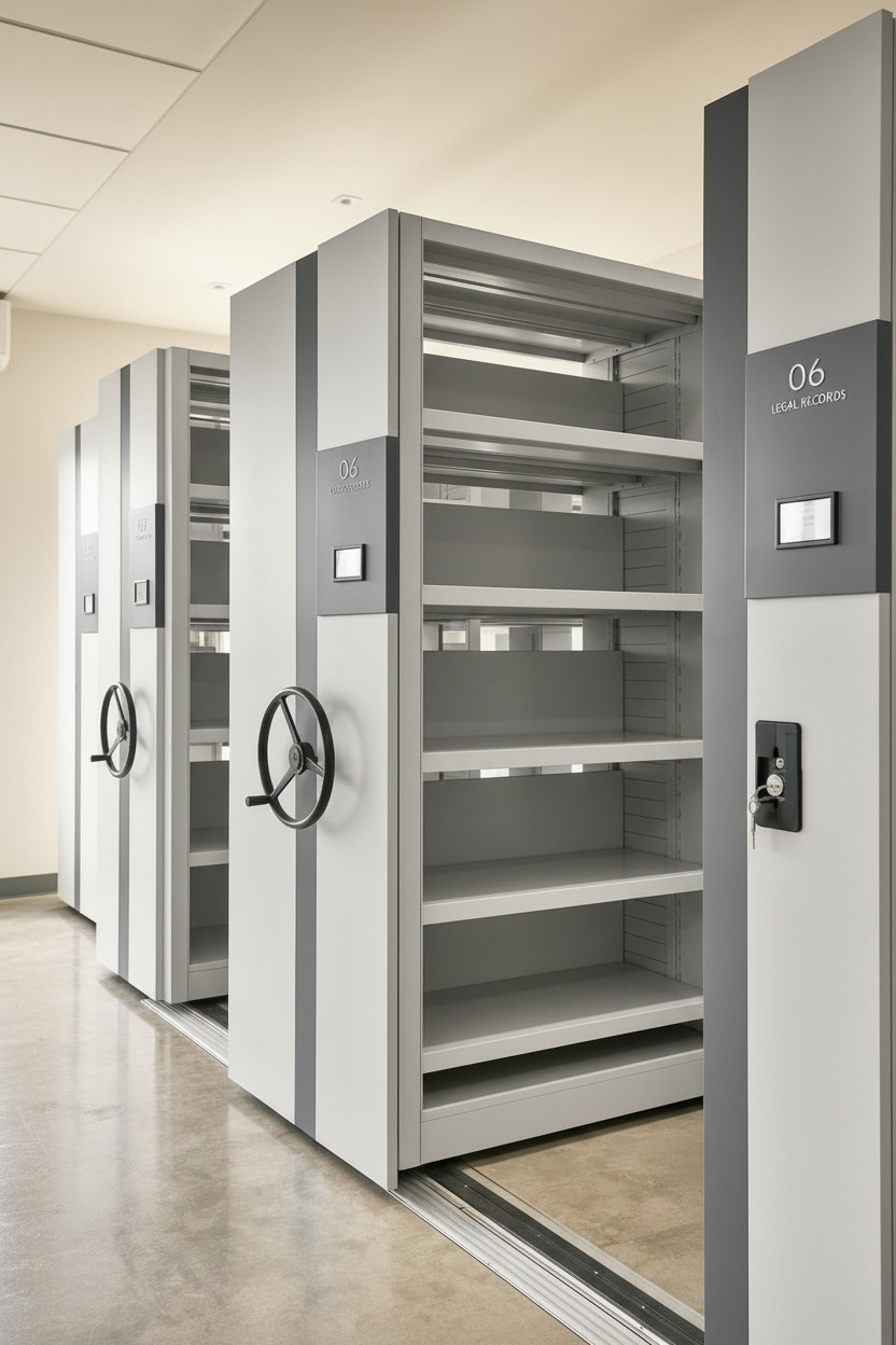 High-density mobile compactors maximize storage efficiency, providing long-term value for your fit-out investment. A light gray mechanical mobile compactor system installed in a commercial office space for high-density storage.