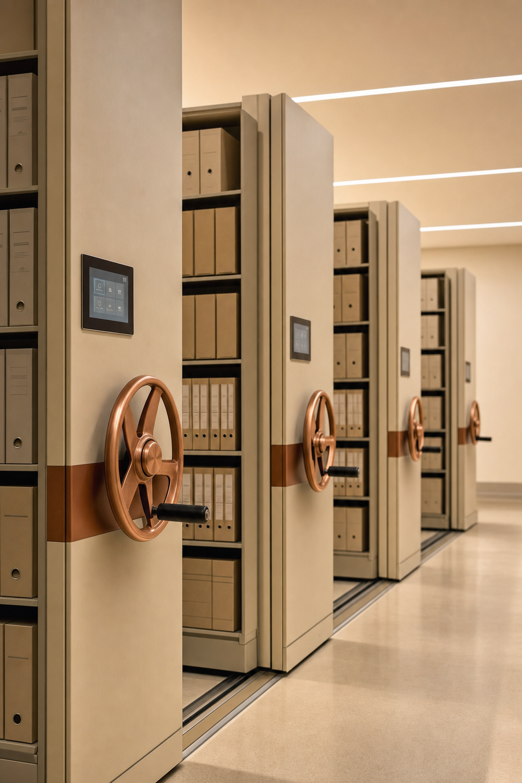 High-density mobile compactors require specialized maintenance of tracks and mechanical components to ensure long-term reliability. Mechanical and intelligent mobile compactor storage systems in a clean, organized office environment