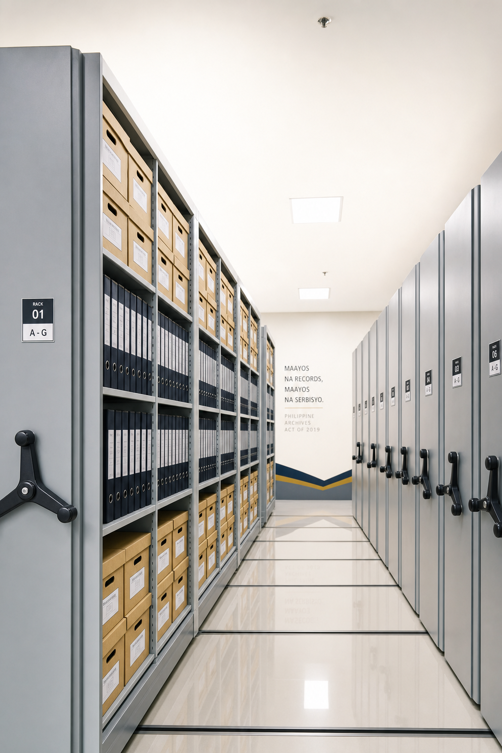 Mobile compactors can provide up to 70 percent more storage capacity for paper-intensive industries. High density mobile compactor storage system showing multiple filing bays that move on a track to save space.