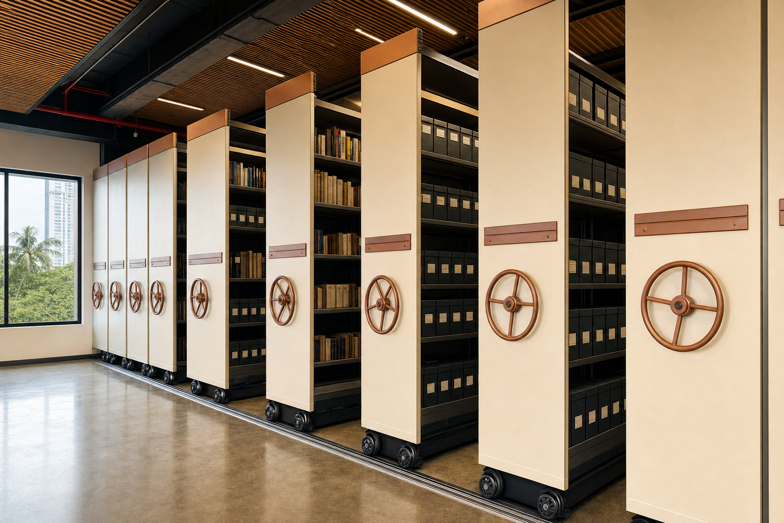 Mechanical wheels allow users to move heavy shelving units with minimal effort. High resolution photo of a mobile compactor with mechanical wheels in a professional office setting.