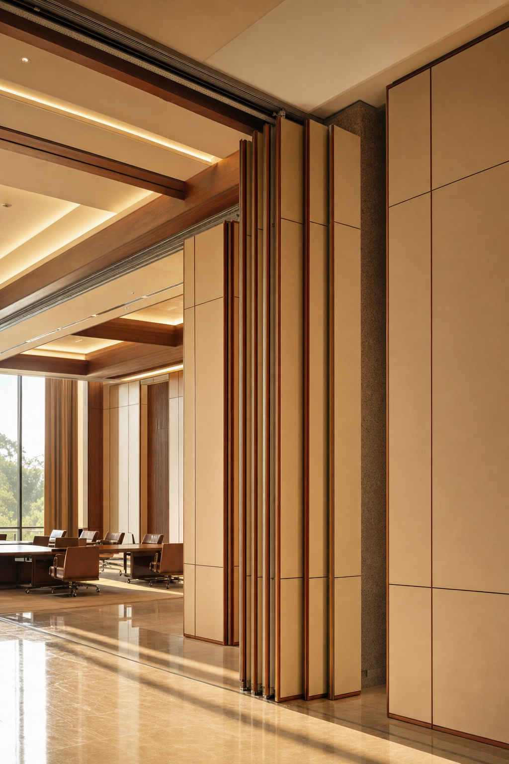 Operable walls with high STC ratings offer acoustic privacy without permanent structural changes. A sleek operable partition wall installed in a conference room without the use of floor tracks for a seamless look.