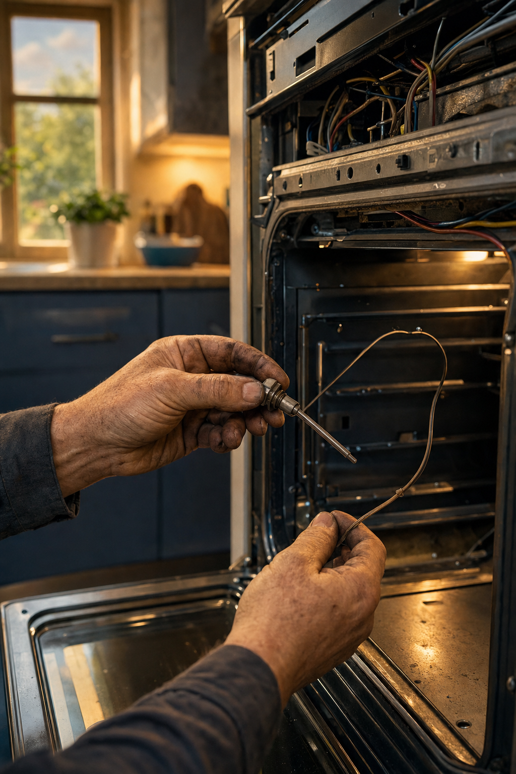Our goal at Titan Appliance Repair is to extend the life of your unit through accurate troubleshooting. A technician wearing a service uniform standing in front of a modern kitchen appliance.