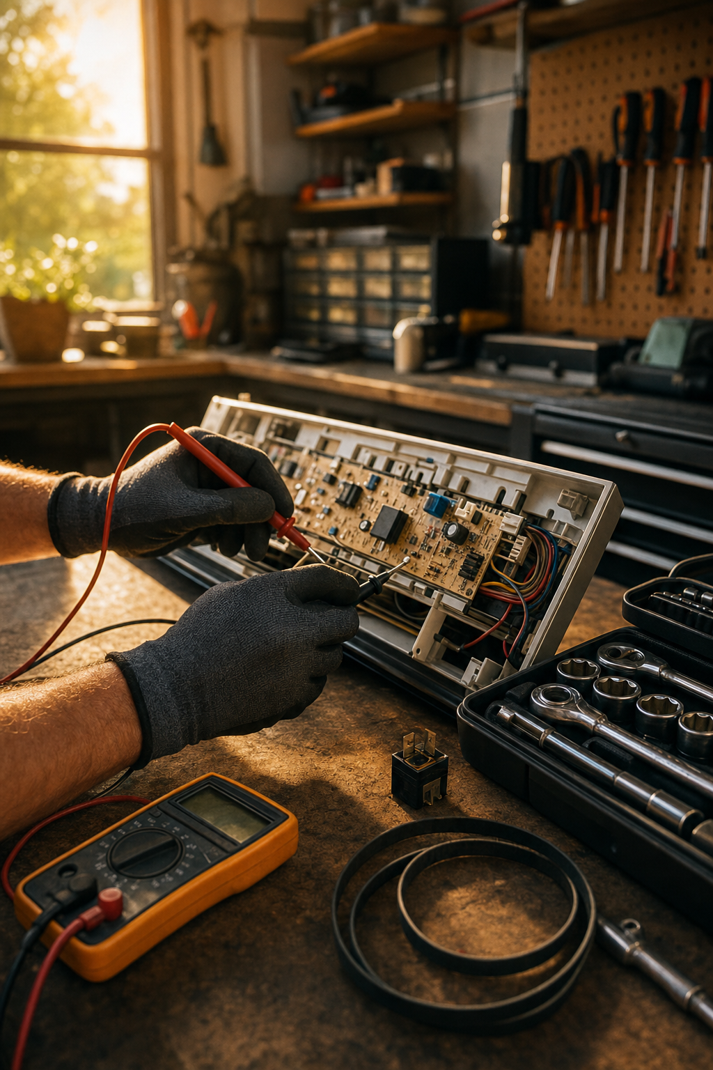 Identifying the source of strange noises requires a trained ear and professional diagnostic tools. A close up of hands using tools to repair an appliance component with precision.