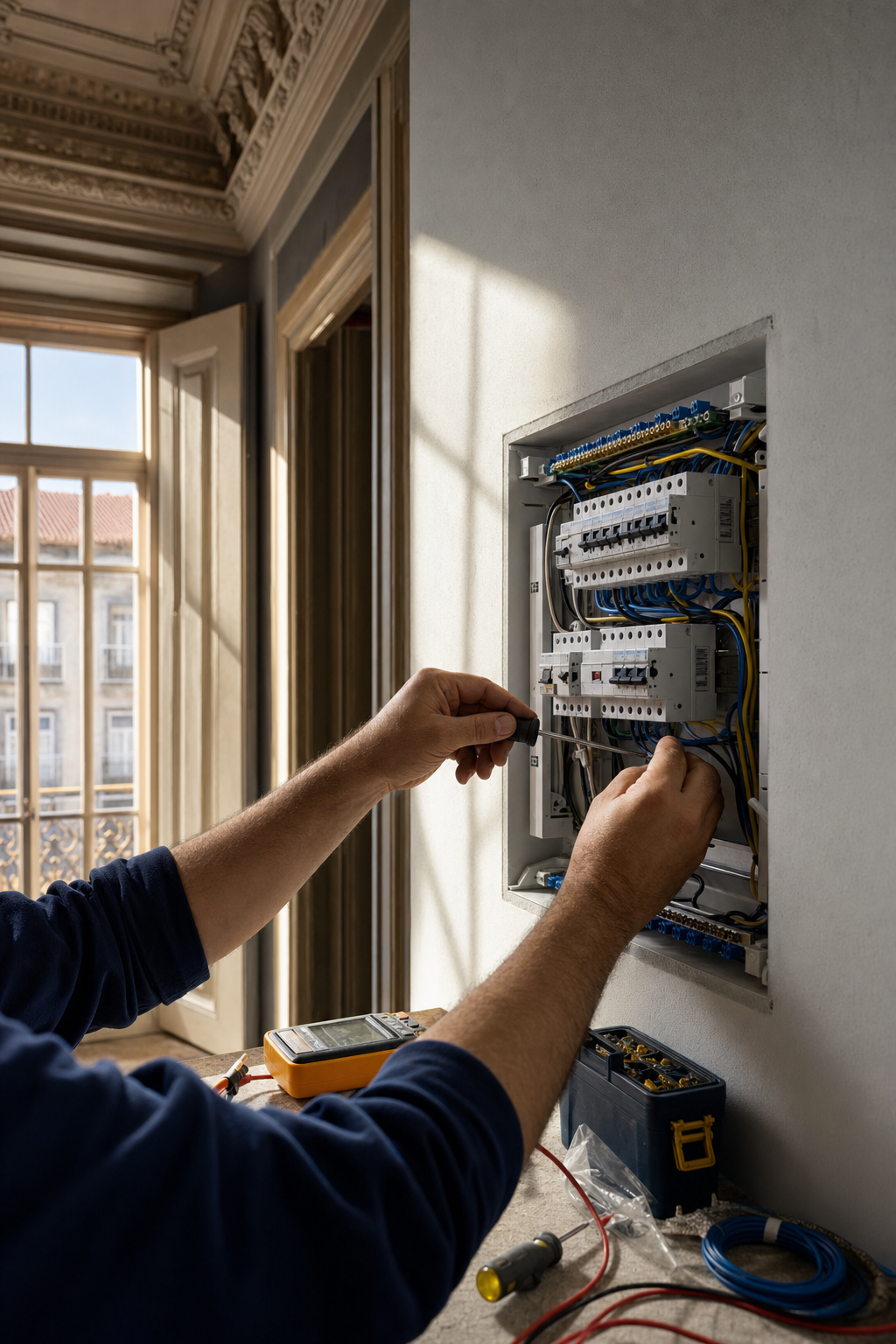 A SOS Edifícios apoia proprietários e condomínios na implementação técnica de medidas de eficiência energética. Trabalhador de manutenção de edifícios com cinto de ferramentas junto a uma carrinha de trabalho numa rua da cidade do Porto