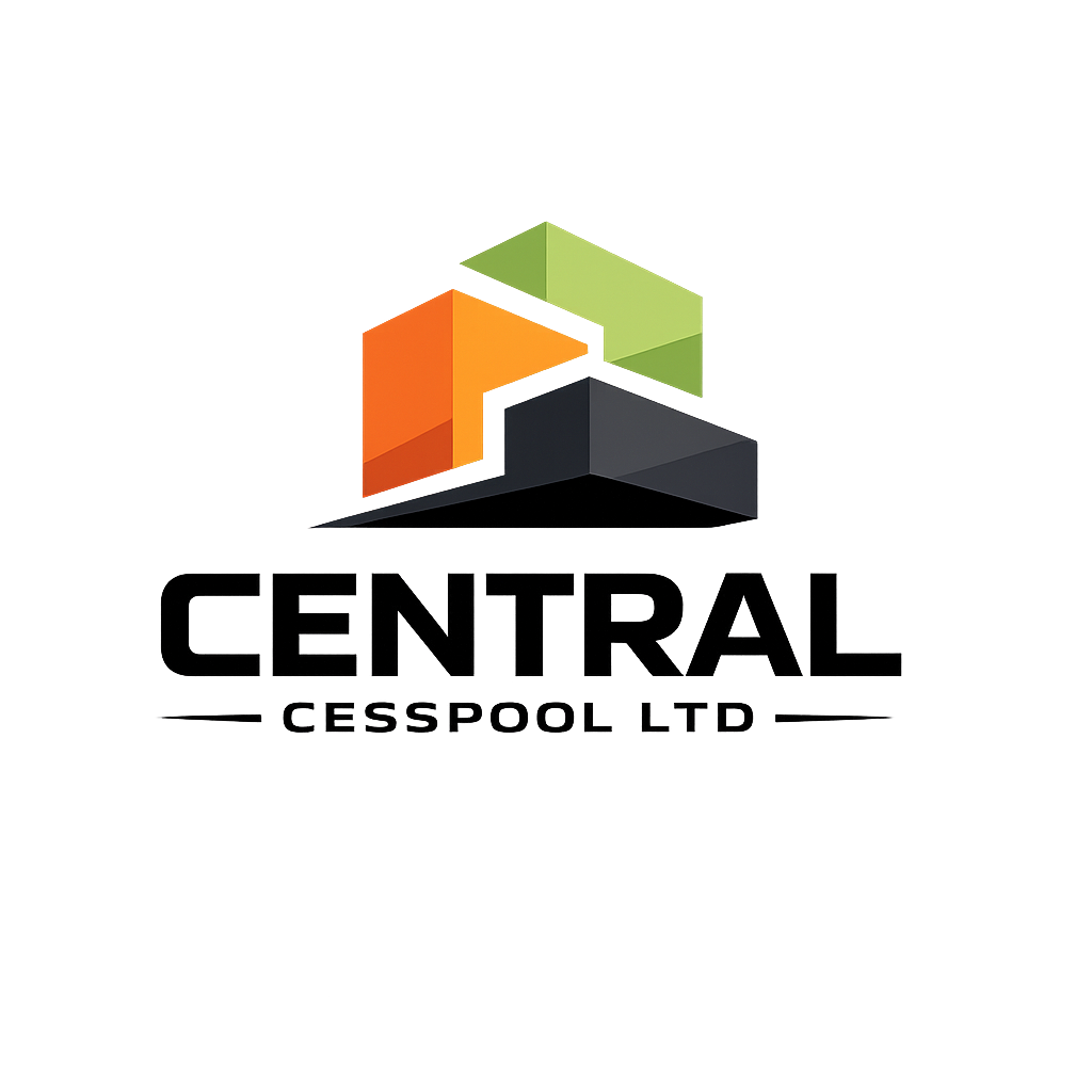 Bold modern logo for Central Cesspool Ltd with angular blocks and sans-serif text in black, orange, and light green.