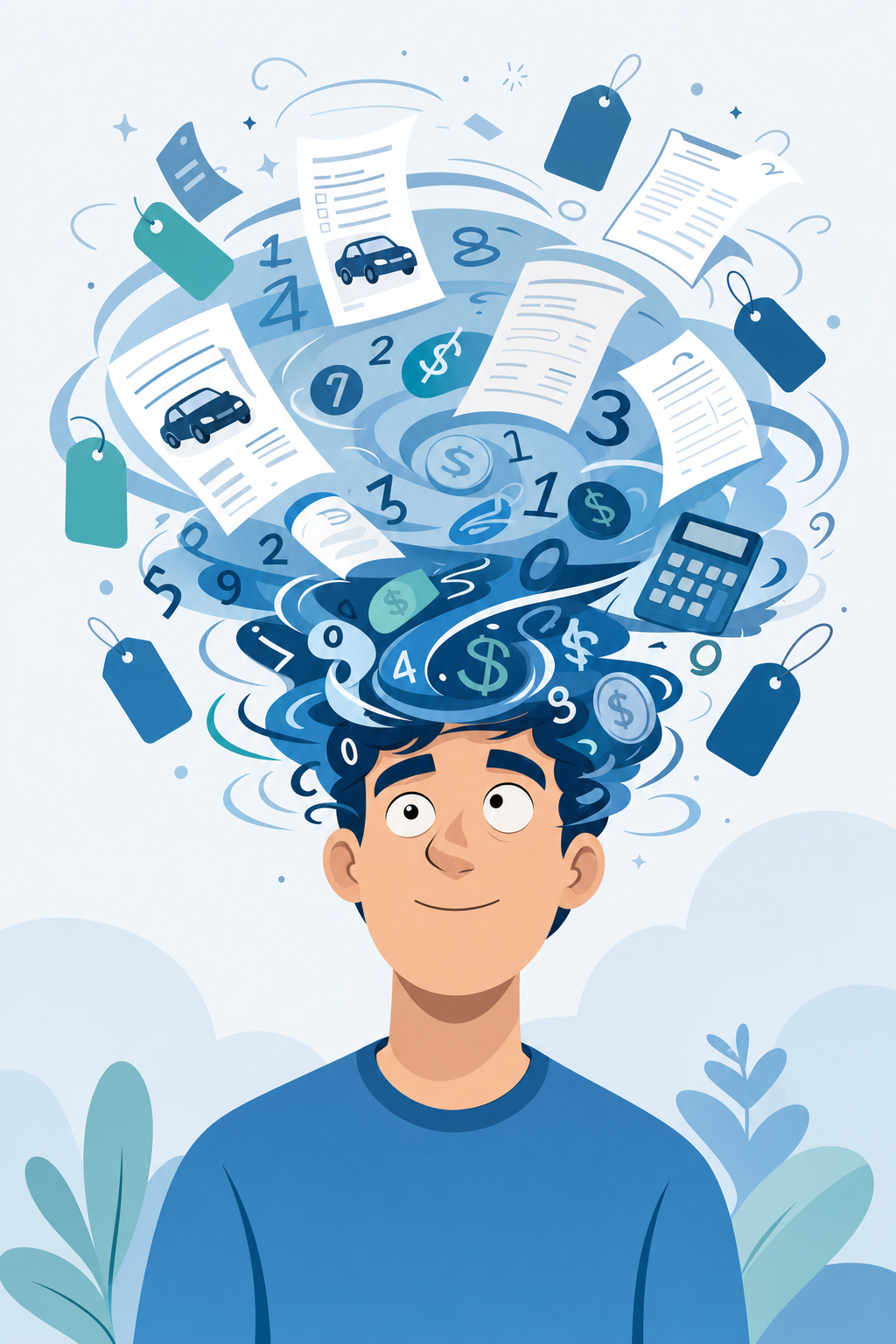 The mental load of researching car prices and financing can be overwhelming for first time buyers. Stylized graphic representing a person overwhelmed by complex numbers, percentages, and car buying data points.