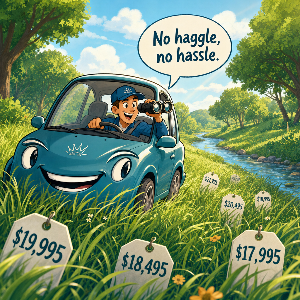 An advocate acts as your professional hunter, tracking down the best deals that aren't visible to the average buyer. Cartoon of a hunter tracking down the best car deal in a wooded field.