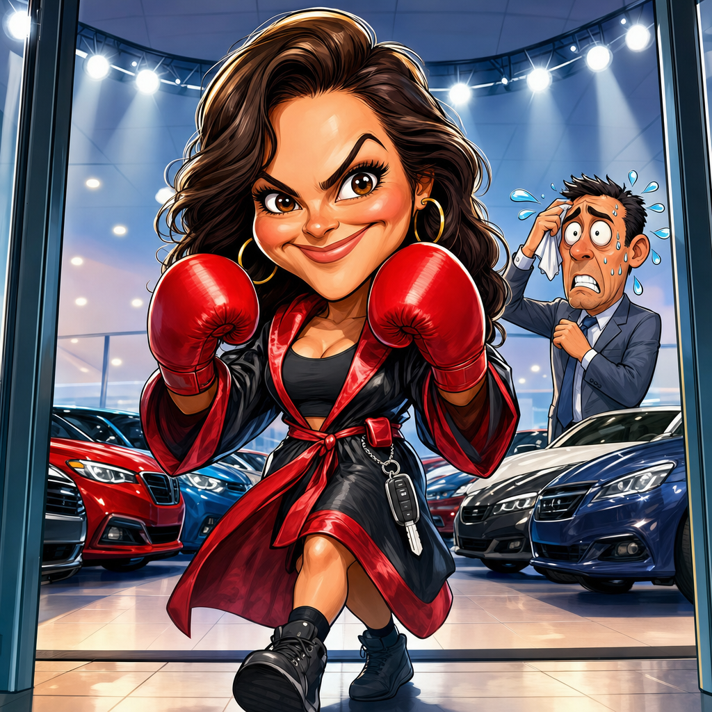 Don't step into the dealership boxing ring alone; let an advocate take the hits for you. A lighthearted caricature of a woman entering a car dealership as if it were a professional boxing ring.
