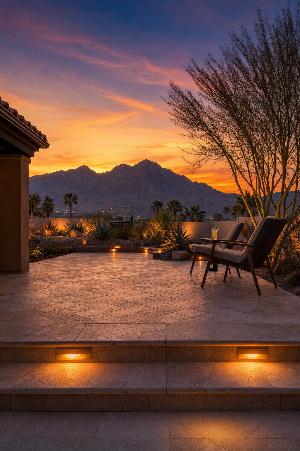 Effective drainage design, including proper grading and rock features, prevents erosion during sudden monsoon storms. Professional hardscape installation showing clean lines and integrated drainage features for a desert backyard.