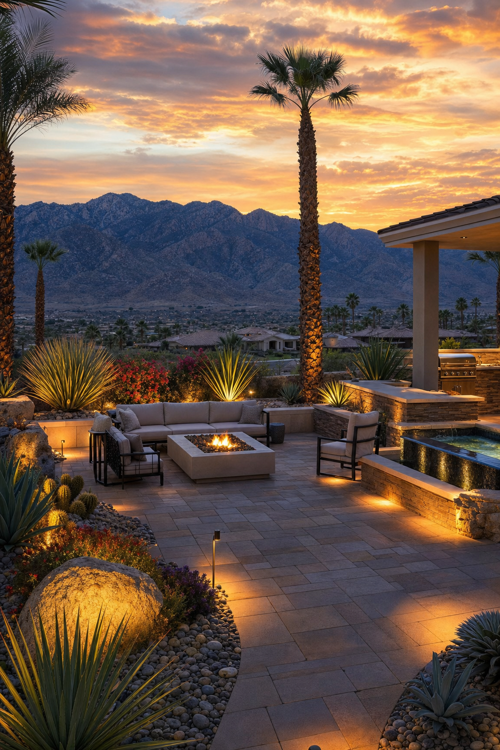 Planning for lighting and irrigation conduits early prevents costly tear-outs later. Modern outdoor seating area with integrated landscape lighting highlighting the textures of the hardscape.