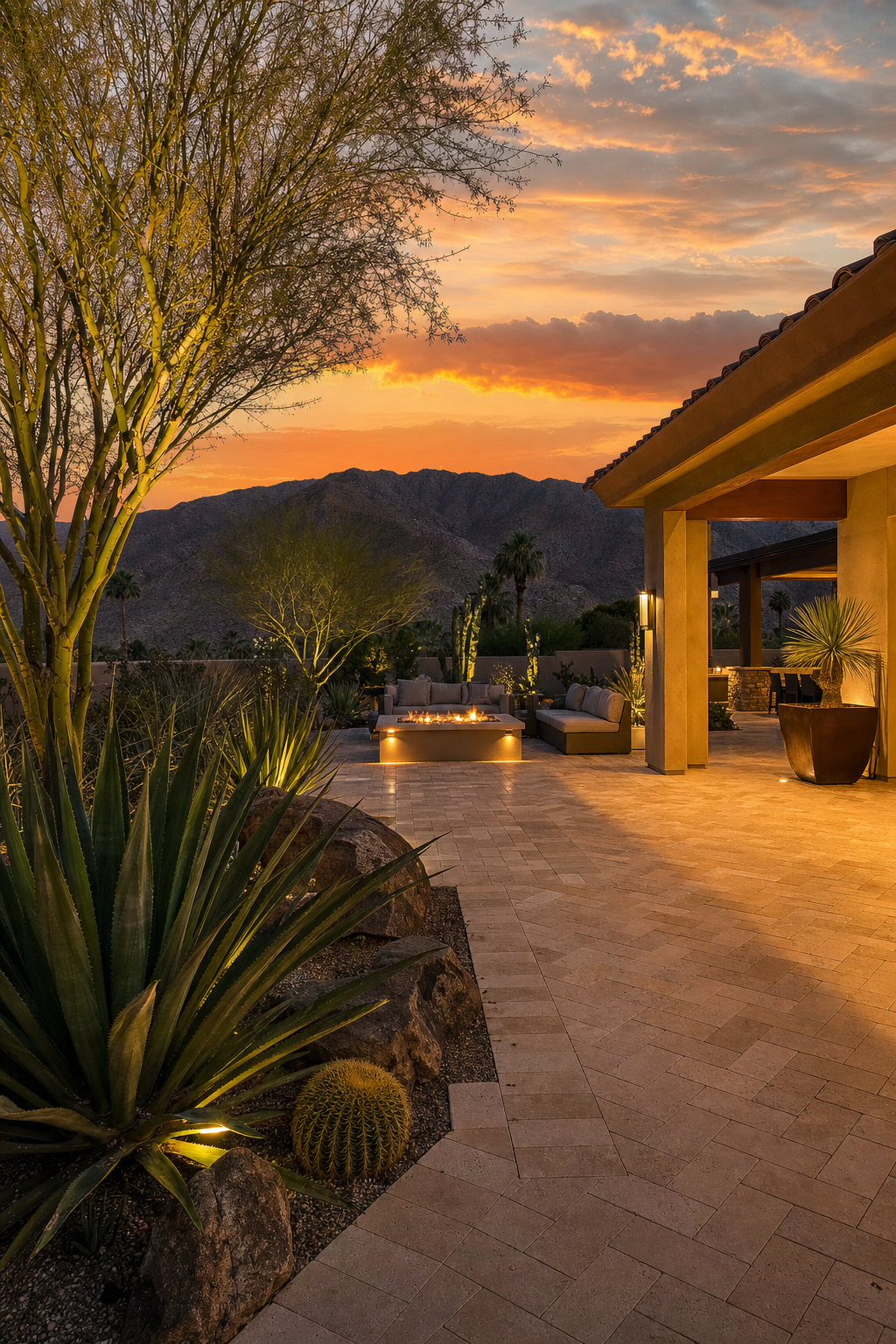 Outdoor living spaces in Palm Desert act as high value extensions of the home interior. A high end backyard patio with natural stone pavers and integrated landscape lighting in Palm Desert.