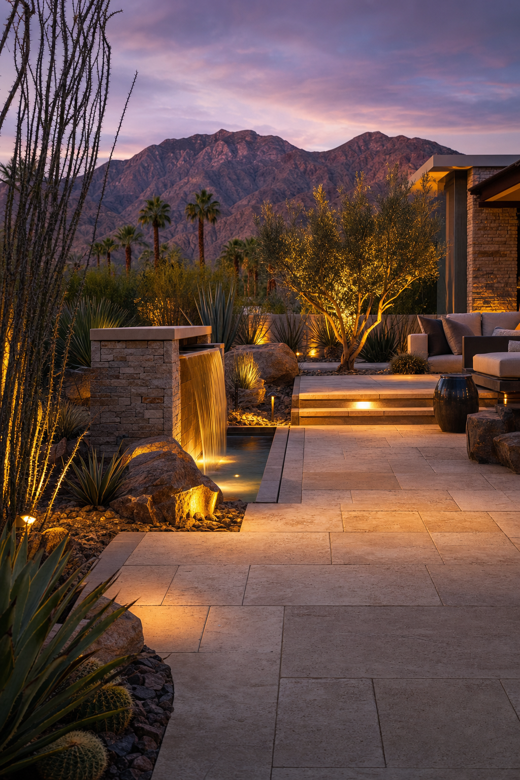 Compliance with Palm Desert drainage codes ensures long term property value and safety. A wide residential driveway using pavers that meet local Palm Desert pervious surface drainage requirements.
