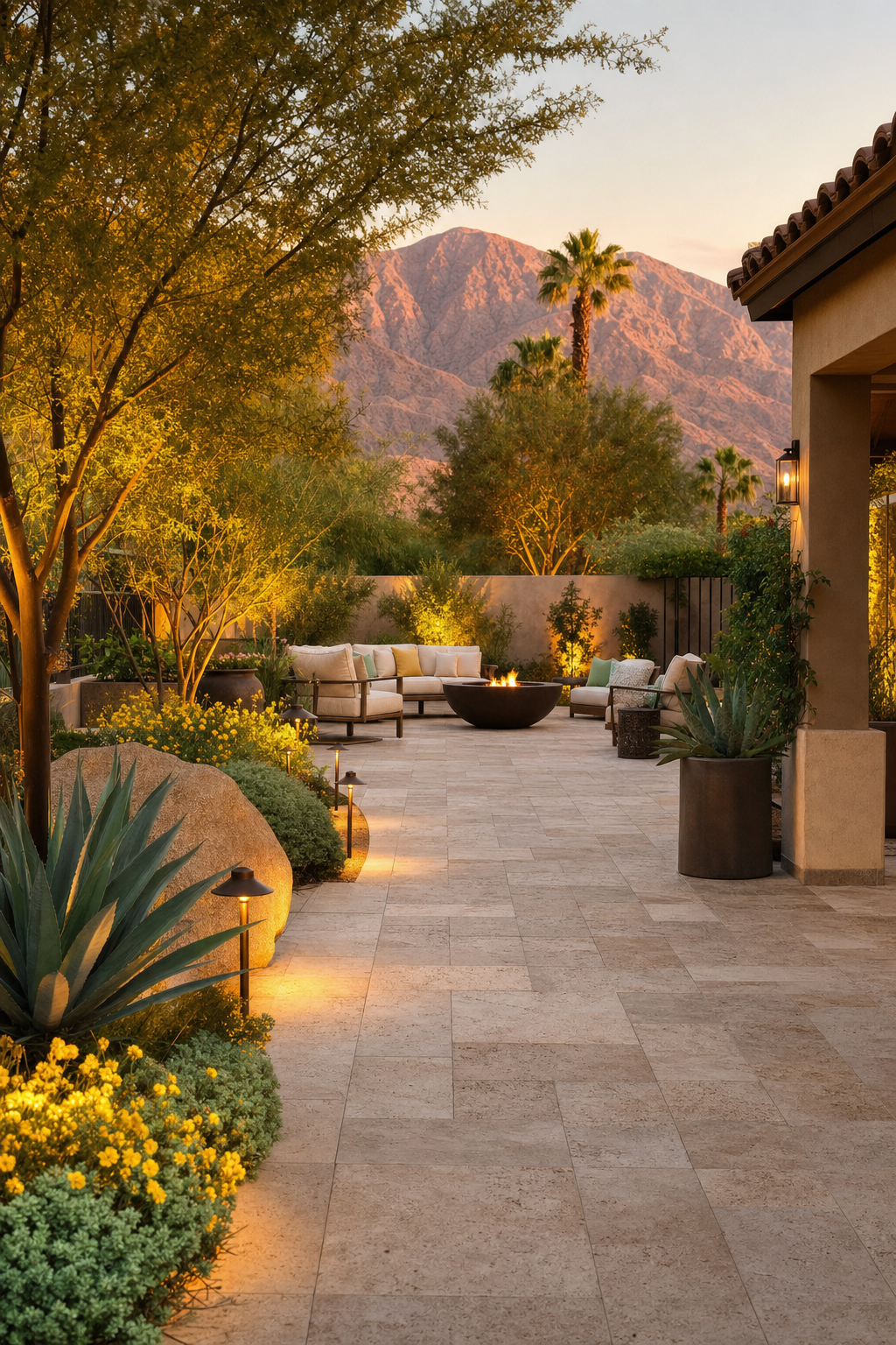 A professionally installed paver driveway serves as the ultimate red carpet for your property. Wide view of a modern custom paver driveway at a Coachella Valley residence showing high curb appeal.