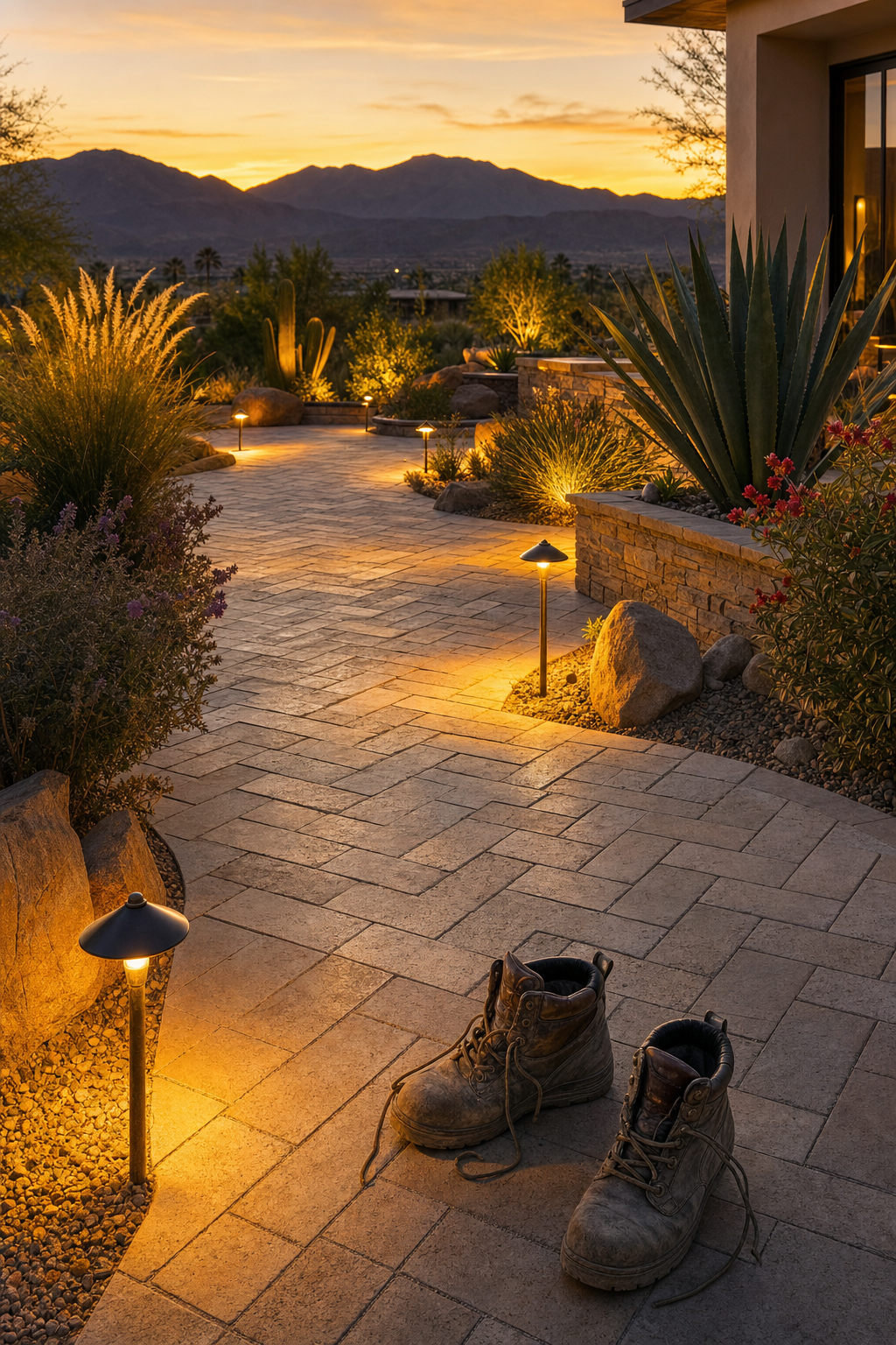 Aesthetic design and water conservation go hand-in-hand with professional hardscape planning. Expertly designed hardscape and desert garden in Palm Desert that meets water efficiency standards.
