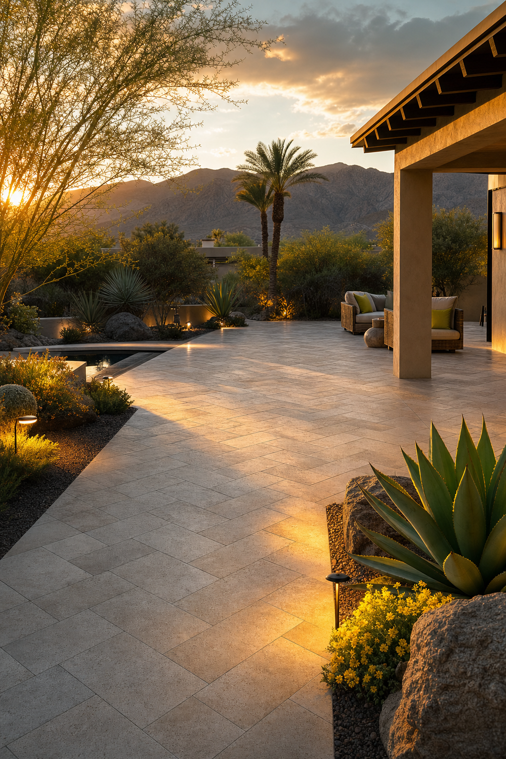 Planning ahead allows for seamless integration of lighting and cooling systems. A custom paver patio at night with integrated landscape lighting built into the structure and ground.