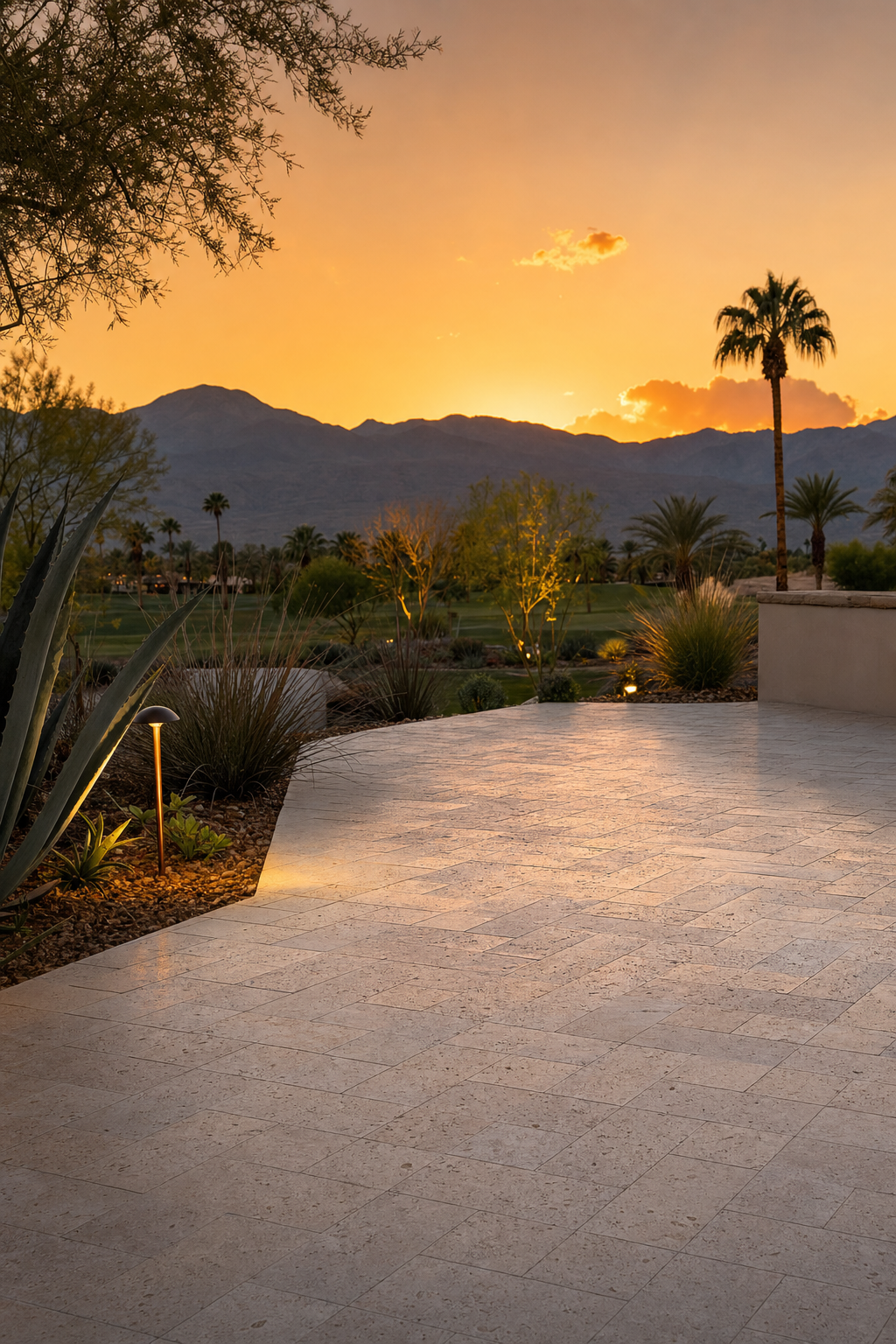 Travertine remains one of the coolest surfaces for Palm Desert pool decks during summer peaks. Natural travertine pool deck pavers showing a light, heat-reflective texture suitable for Coachella Valley homes.