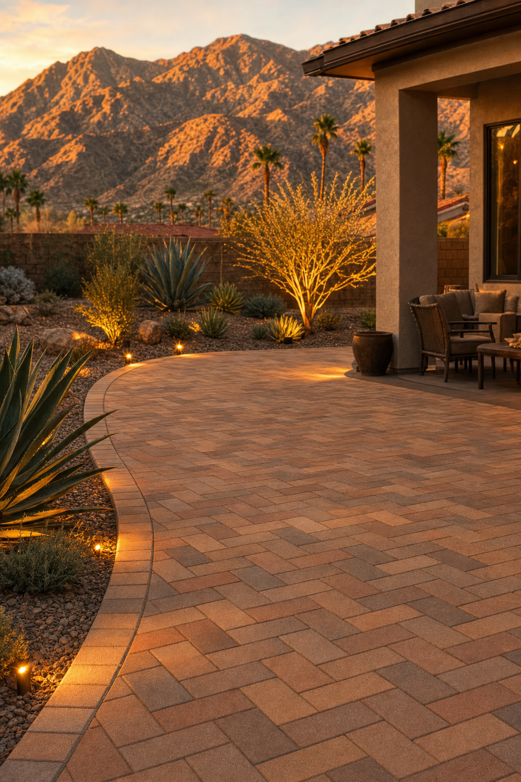 Professional hardscaping creates functional outdoor rooms that significantly increase usable square footage. A wide angle shot of a clean, modern outdoor living space with custom pavers and minimalist desert landscaping.