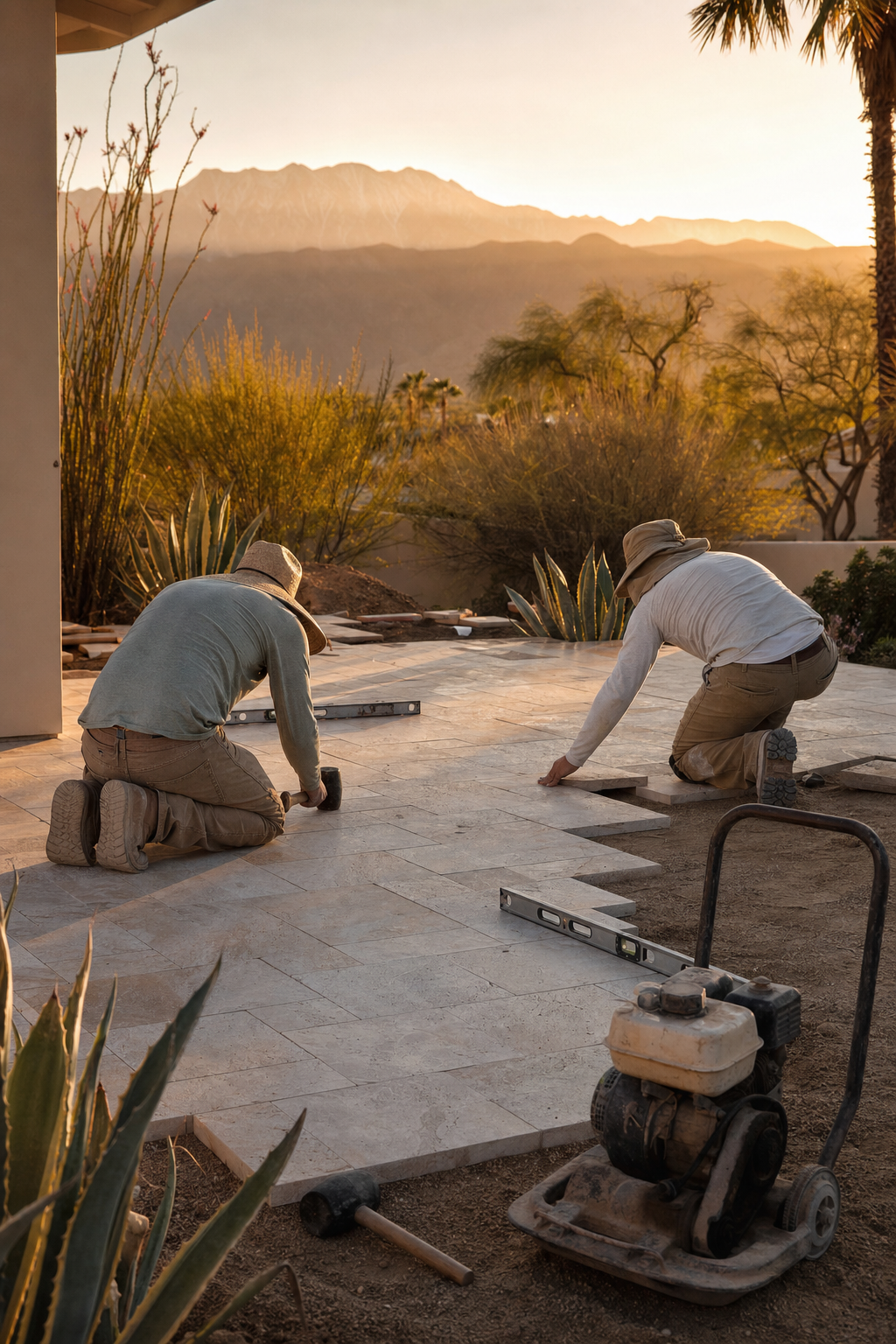 Softscaping brings life and color to the structured lines of a professional hardscape. A lush yet water wise desert landscape featuring drought tolerant plants and a clean paver walkway.