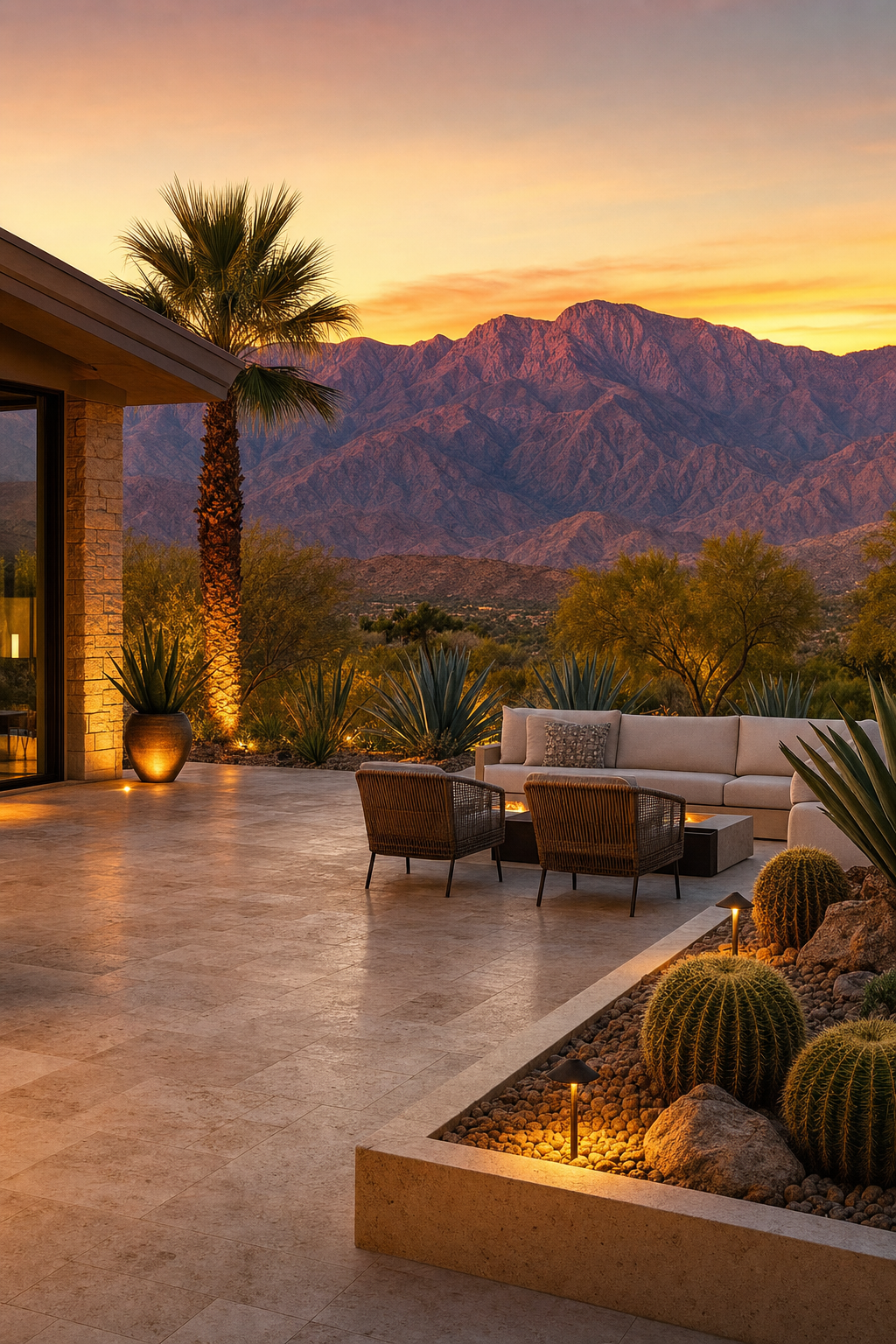 Lighter materials and strategic shade create a comfortable desert microclimate. A light colored stone paver patio designed to reflect heat in the Palm Desert sun.