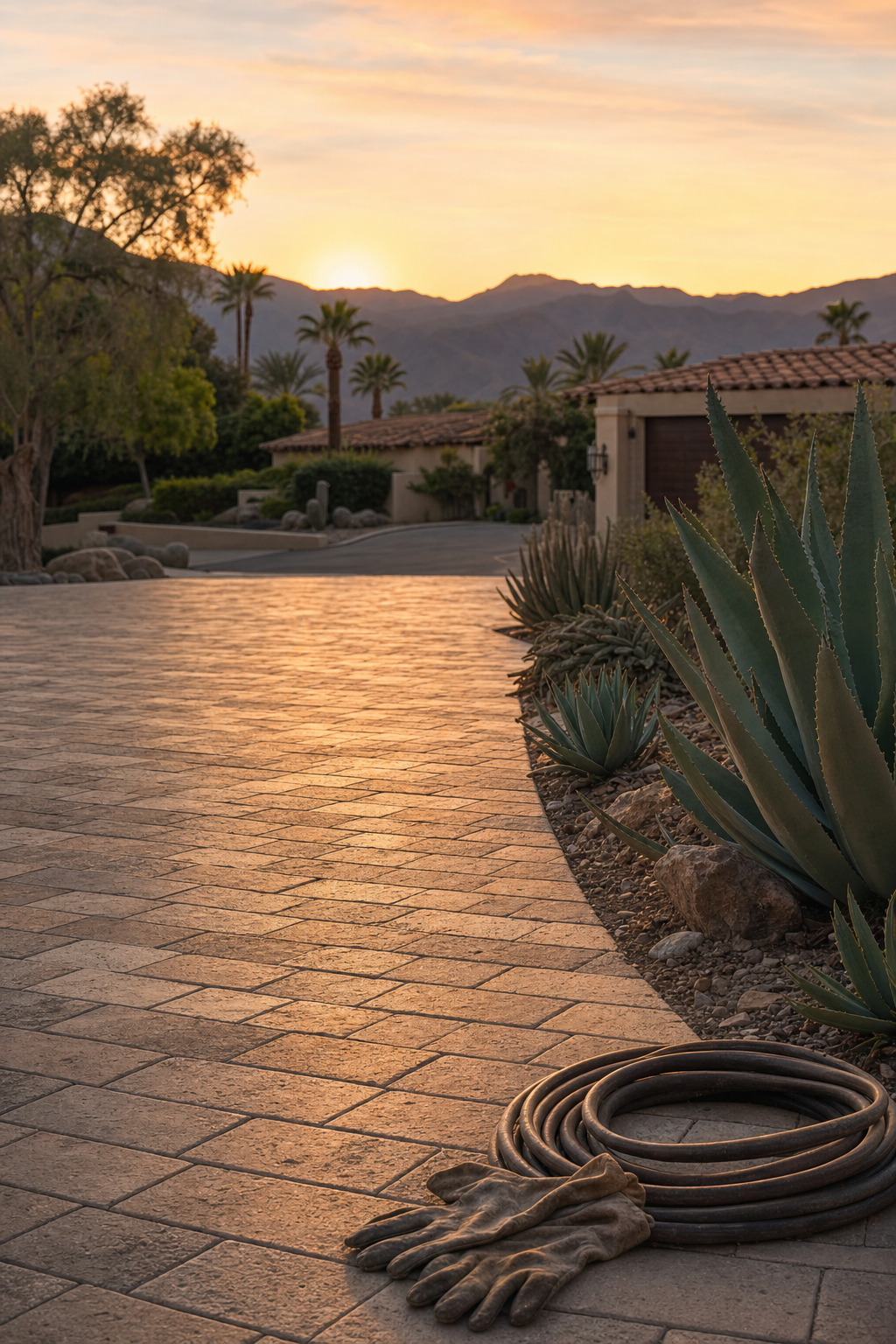 Custom paver driveways can increase a Palm Desert home's market value by up to $20,000. Professional paver driveway installation showing high-end curb appeal and geometric design patterns.