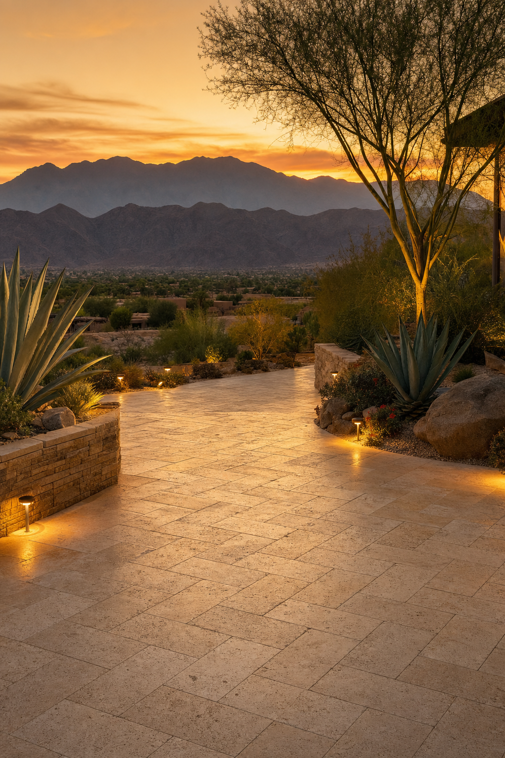 Avoid the expense of tearing up beautiful pavers by planning your water lines during the initial design phase. A finished travertine paver patio in a luxury Rancho Mirage backyard with integrated irrigation.