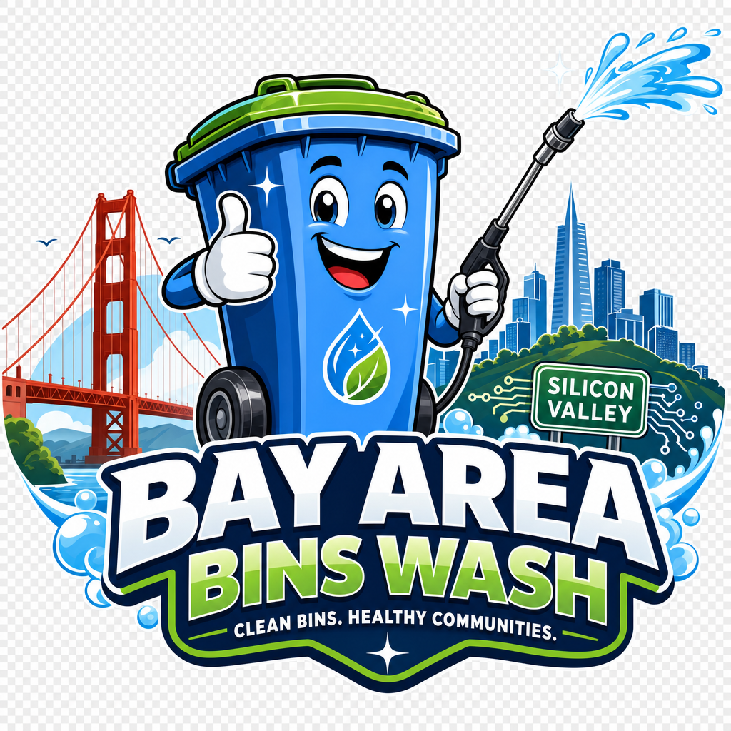 Cartoon mascot logo for Bay Area Bins Wash featuring a cheerful trash bin character symbolizing cleanliness and Silicon Valley innovation.
