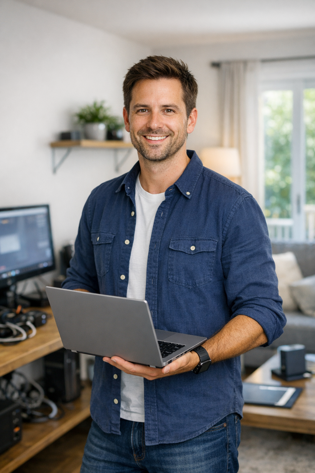 Professional help is available to ensure your parents' devices are secured against modern threats. A professional IT technician holding a laptop, ready to provide home technical support in Bristol.