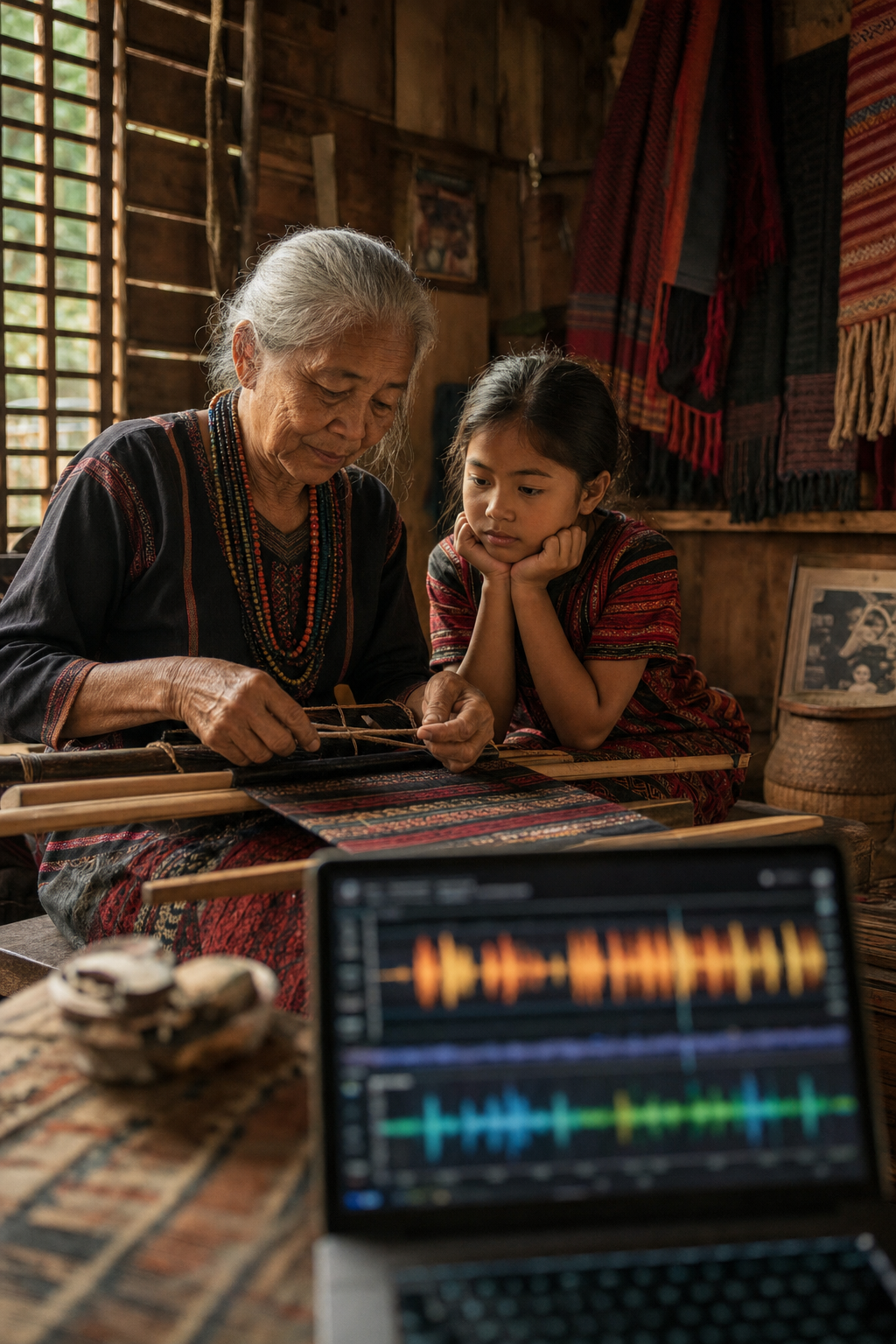 Digital sovereignty ensures that indigenous data remains in the hands of the community. Vertical social media portrait showing a modern indigenous person using a tablet to access cultural archives.