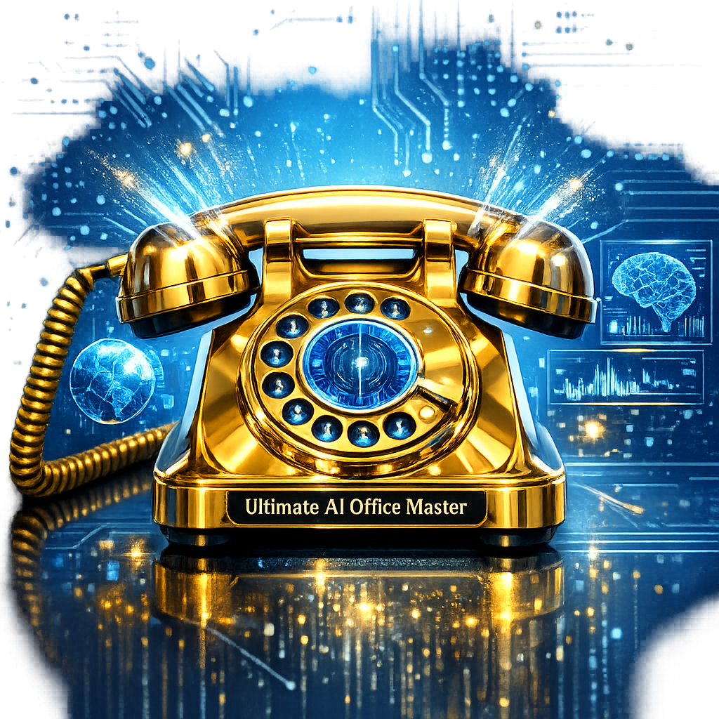 Gold telephone ringing on blue background with 'Ultimate AI Office Master'