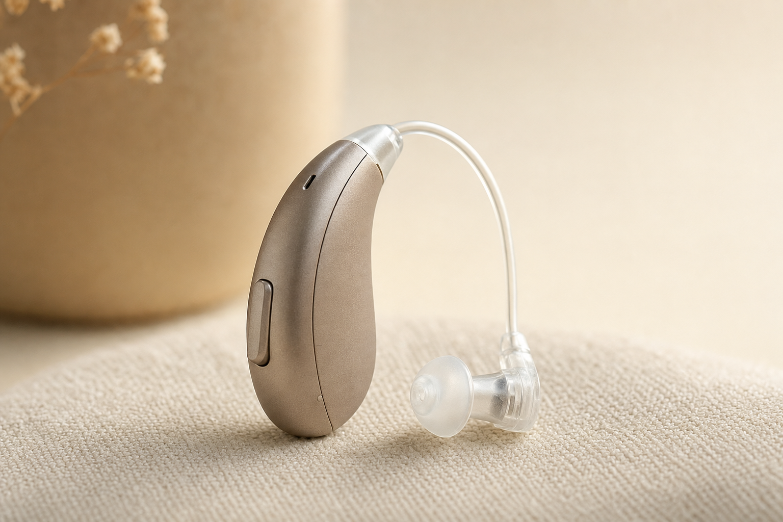 A modern behind-the-ear hearing aid resting on a soft surface.