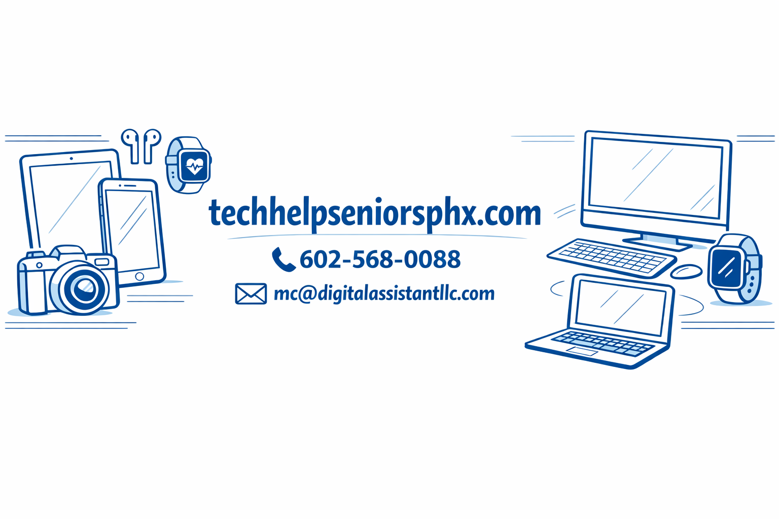 Comparing different Apple devices can help seniors find the best value for their needs. Graphic showing blue outlines of Apple devices including iPhone, iPad, and Mac on a white background.