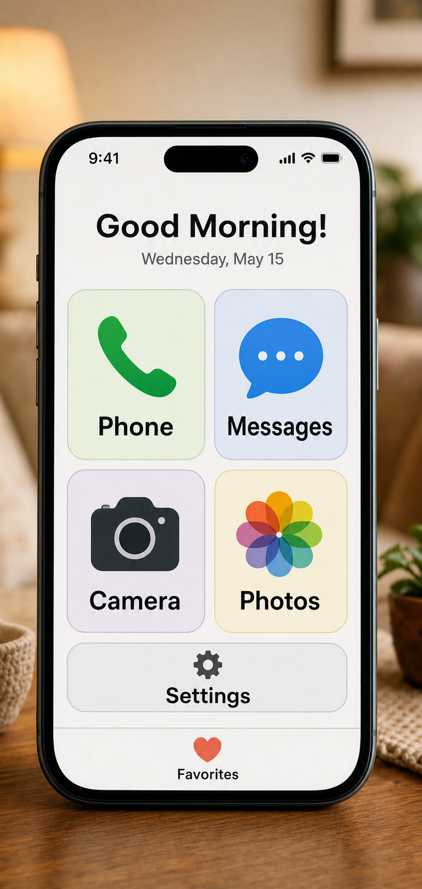 The simplified interface removes distracting buttons and focuses on essential tasks. The iPhone screen showing the simplified Camera and Photos layout within Assistive Access mode.
