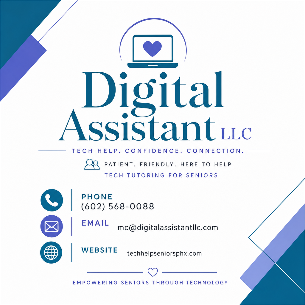 Digital Assistant provides expert tech support throughout the Phoenix area. A square graphic showing various digital assistance services provided for seniors.