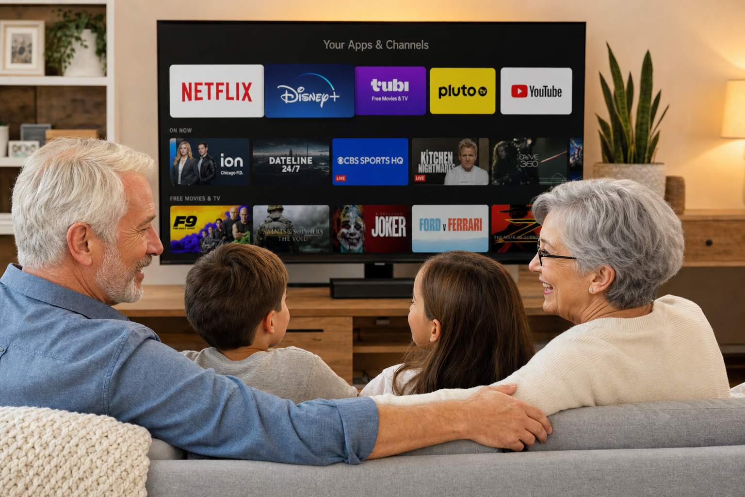 Sharing photos on a Smart TV is a wonderful way to enjoy memories with the whole family. Seniors and children sitting together in front of a smart TV looking at photos.
