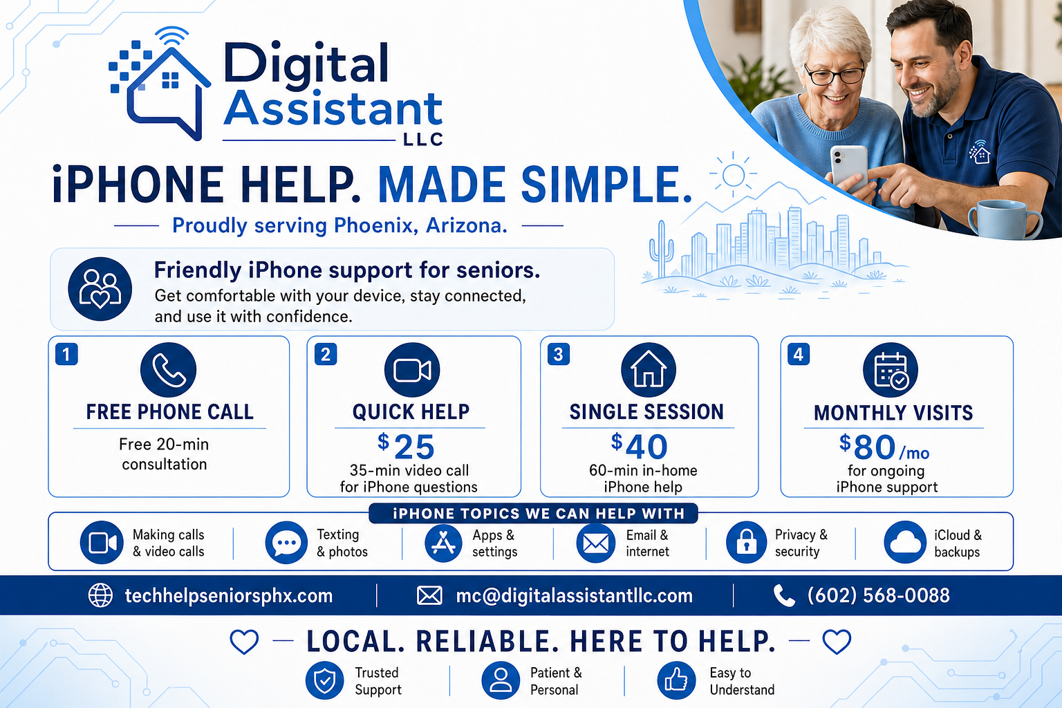 Digital Assistant provides personalized help for transferring and securing your mobile photos. A graphic showing professional iPhone support and technical assistance for seniors.