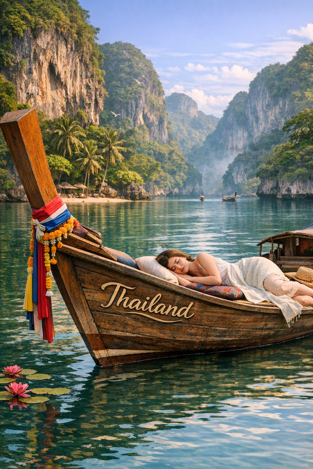 Thailand remains a top choice for first-time international travelers from Hyderabad. A traditional Thai dhoni boat on a clear blue lagoon in Thailand, a popular visa on arrival destination.