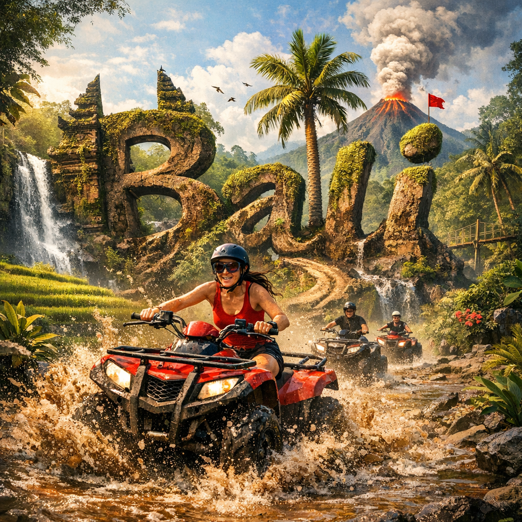 Adventure activities like ATV rides are incredibly affordable in Bali during the September shoulder season. A traveler enjoying a Bali ATV ride through a tropical jungle landscape.