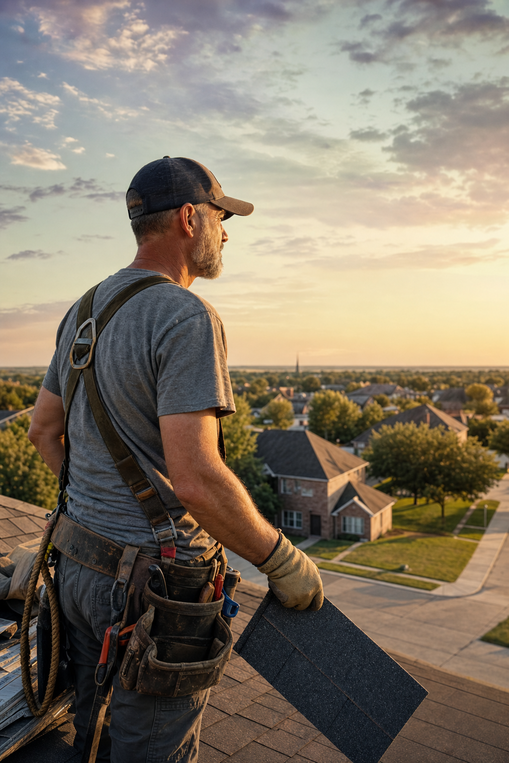 Professional documentation is the most important factor in a successful wind damage claim. A professional roofing contractor inspecting a home exterior after a wind storm.