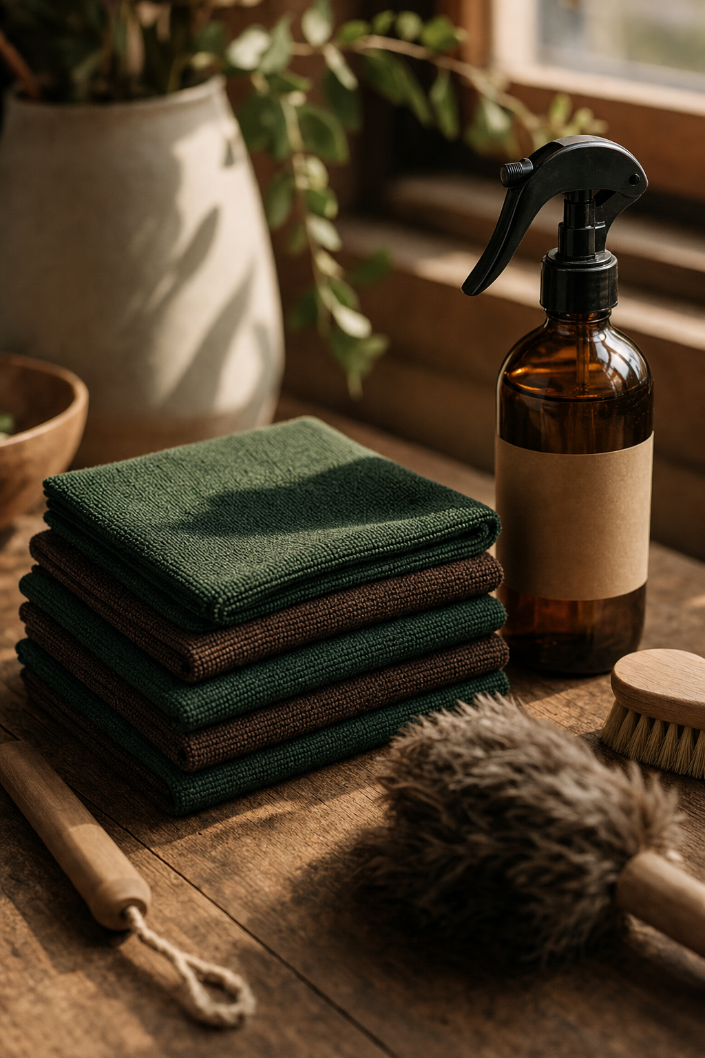 Eco-friendly products ensure your home stays healthy even when windows are closed for winter. A professional cleaner using eco-friendly products in a residential kitchen setting.