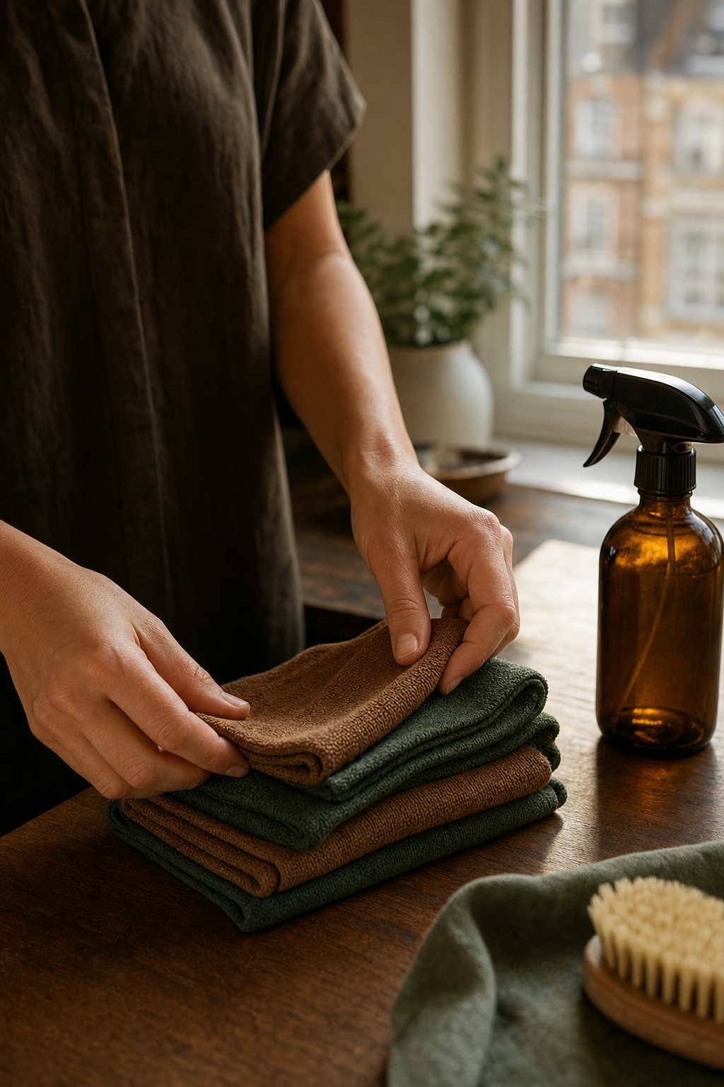 True eco-friendly cleaning involves specific equipment and certified non-toxic products. A professional cleaner using color-coded equipment and eco-friendly products in a residential setting.