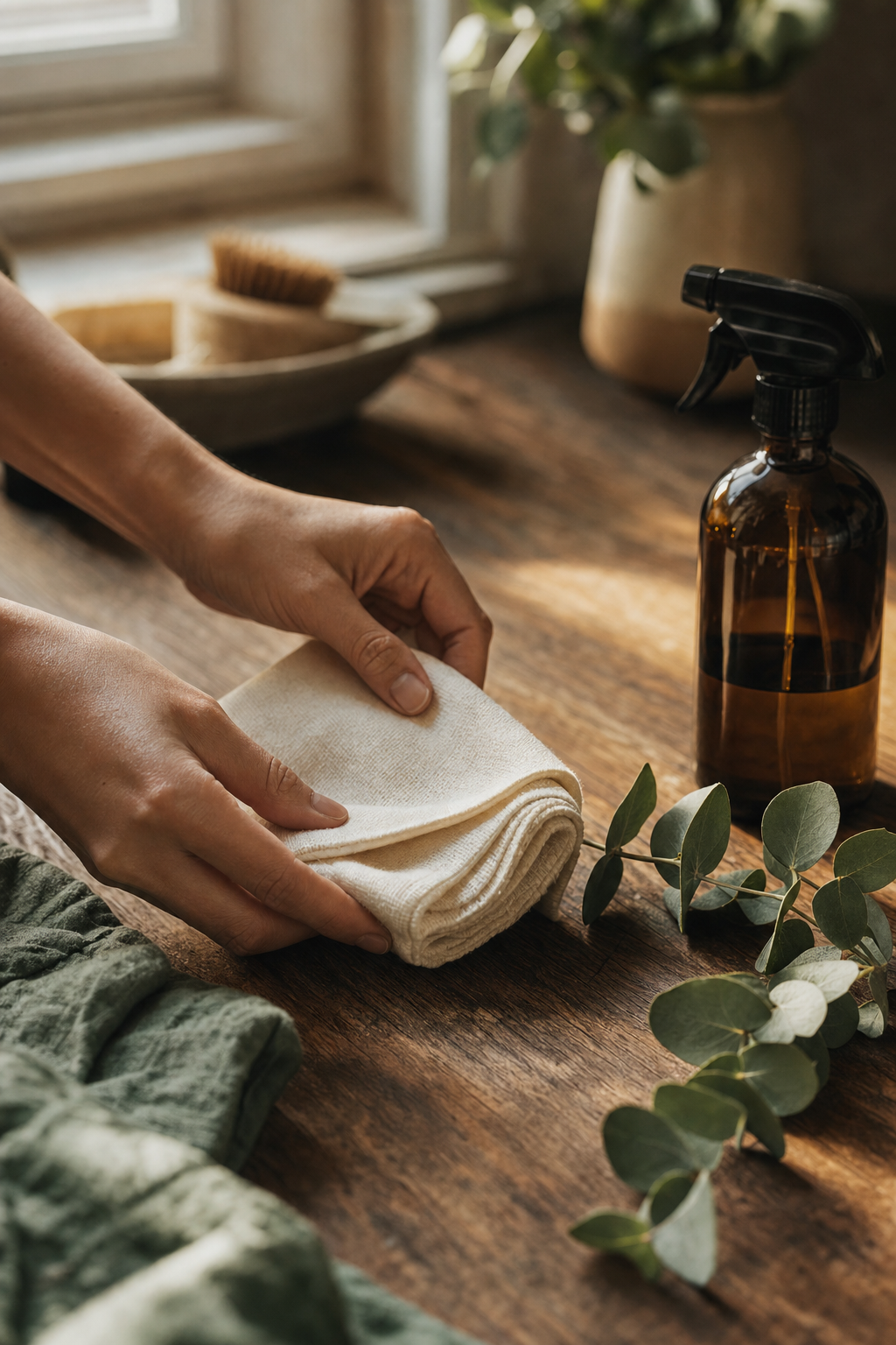 Removing dust and organic matter is the first step in preventing mould spores from taking root. A professional cleaner using eco-friendly products to meticulously clean a modern bathroom area.