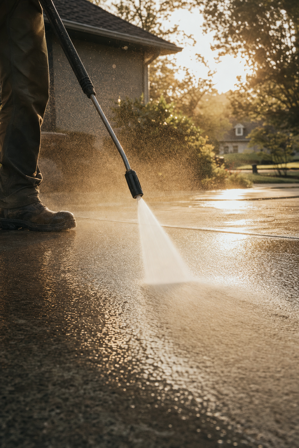 Using the correct nozzle and pressure is vital to avoid damaging RV decals and seals. A professional technician using a pressure washer with a wide nozzle to clean a large vehicle surface.