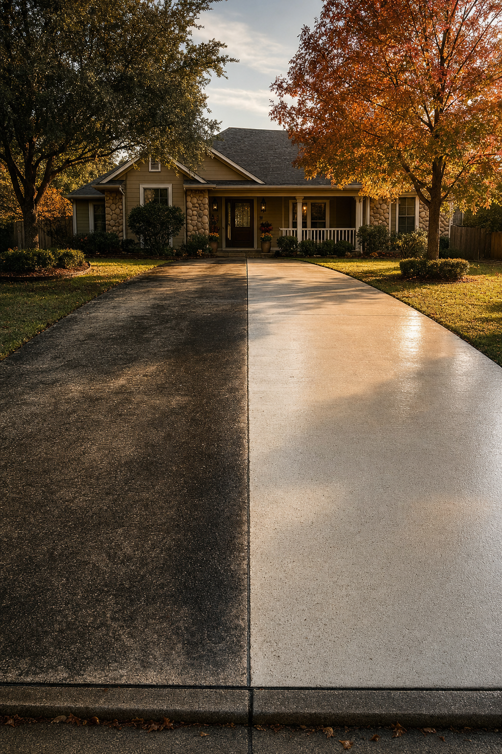 Removing winter grime from concrete requires professional-grade pressure and technique. Close up of a pressure washing nozzle cleaning dark stains off a concrete surface.